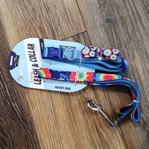 NWT Doghaus Whimsy Dog Leash & Collar Set Bowtie Rainbow Tye Dye